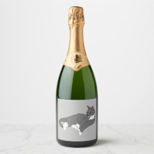 Étiquettes Pour Bouteilles De Vin Mousseux Chat gris et blanc Tuxedo