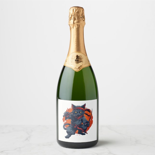 Étiquettes Pour Bouteilles De Vin Mousseux Chat Ninja Discrétion (Devant)