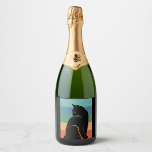 Étiquettes Pour Bouteilles De Vin Mousseux Chat noir Retro Vintage