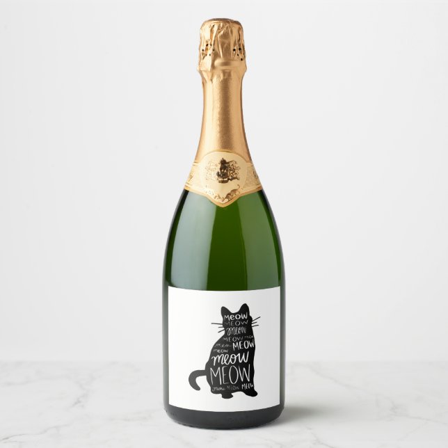 Étiquettes Pour Bouteilles De Vin Mousseux Chat Silhouette Meow (Devant)