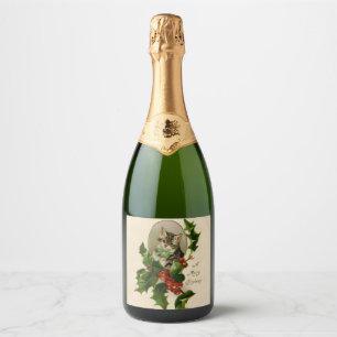 Étiquettes Pour Bouteilles De Vin Mousseux Chaton de Noël victorien au houx antique tabby