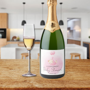 Étiquettes Pour Bouteilles De Vin Mousseux Chaton rose Aquarelle Bébé Fille Douche