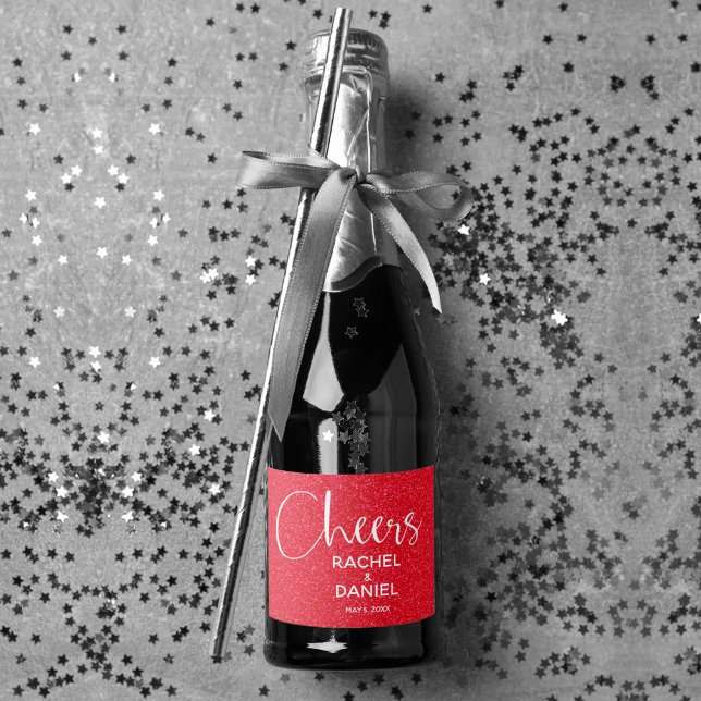 Étiquettes Pour Bouteilles De Vin Mousseux Cheers Faux RED GLITTER Mariage Mini (Cheers red faux glitter mini sparkling wine labels personalized for your wedding)
