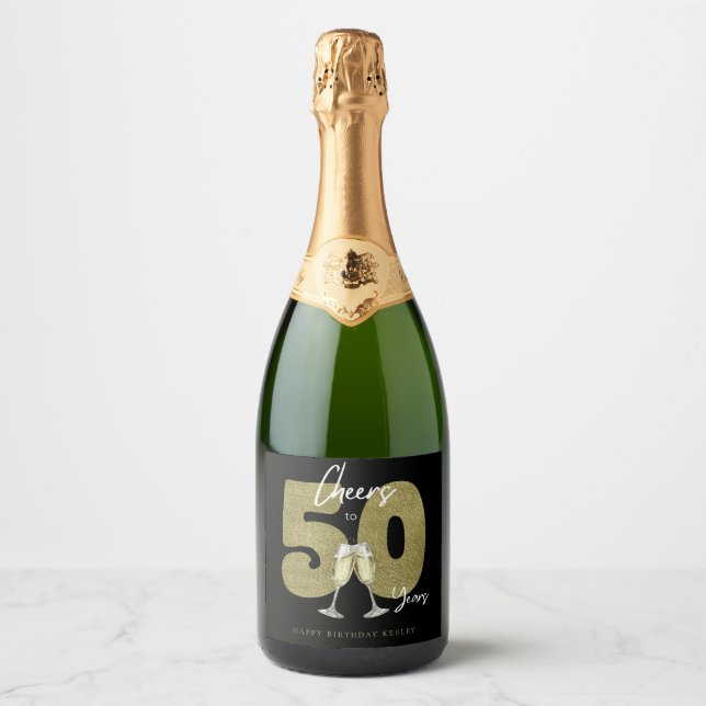 Étiquettes Pour Bouteilles De Vin Mousseux Cheers To 50 Years Black Gold  (Devant)