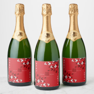 Étiquettes Pour Bouteilles De Vin Mousseux Cherry Blossoms & Double Bonheur Mariage chinois