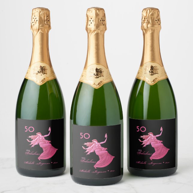 Étiquettes Pour Bouteilles De Vin Mousseux Chic 50th Birthday Pink Woman Dancer Nom personnel (Bouteilles)