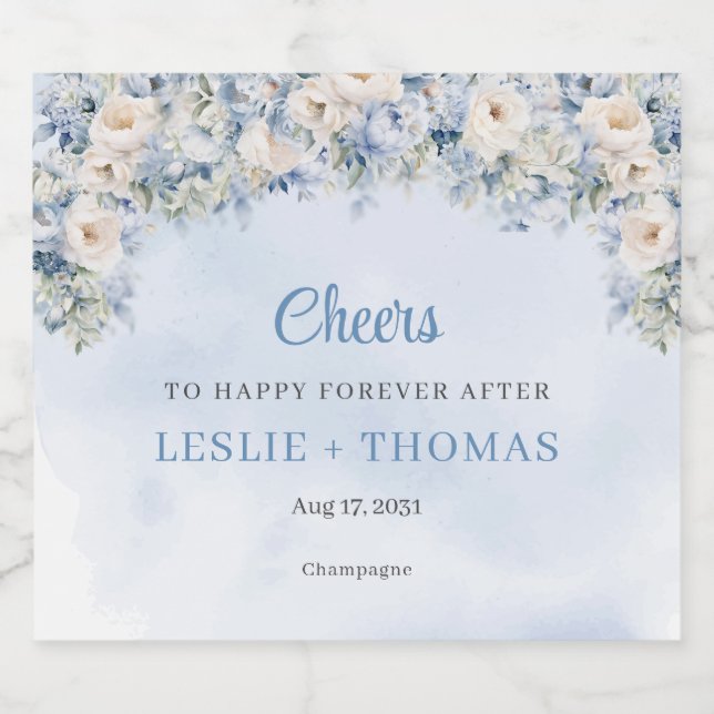 Étiquettes Pour Bouteilles De Vin Mousseux Chic aquarelle bleu et ivoire rose eucalyptus (Étiquettes simples)