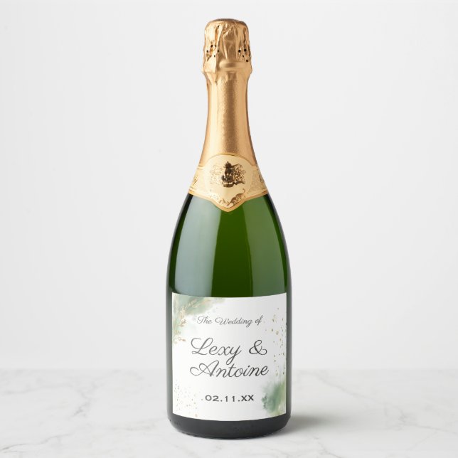 Étiquettes Pour Bouteilles De Vin Mousseux Chic artistique Moss Green Gold Mariage (Devant)