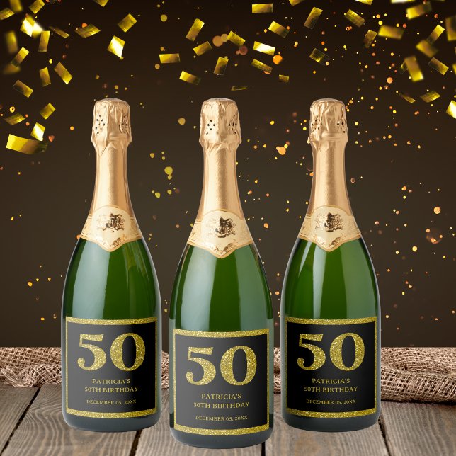 Étiquettes Pour Bouteilles De Vin Mousseux Chic Black & Gold Parties scintillant 50e annivers (Chic Black & Gold Glitter 50th Birthday wine labels)
