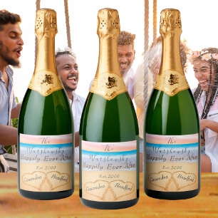 Étiquettes Pour Bouteilles De Vin Mousseux Chic Blush Pink Beach Wedding 2 Heart Sand Sparkli