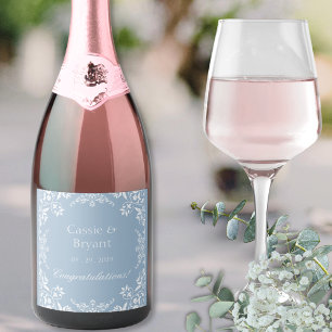 Étiquettes Pour Bouteilles De Vin Mousseux Chic Dusty Bleu & Blanc Mariage élégant Champagne