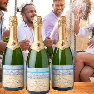 Étiquettes Pour Bouteilles De Vin Mousseux Chic Dusty Blue Beach Wedding 2 Heart Sand