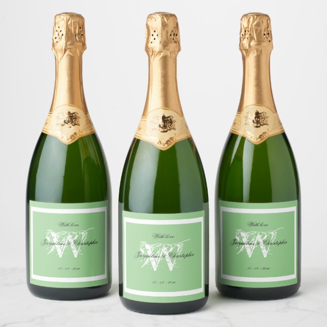 Étiquettes Pour Bouteilles De Vin Mousseux Chic Mariage Monogramme Élégant Vert Mint Douce (Bouteilles)