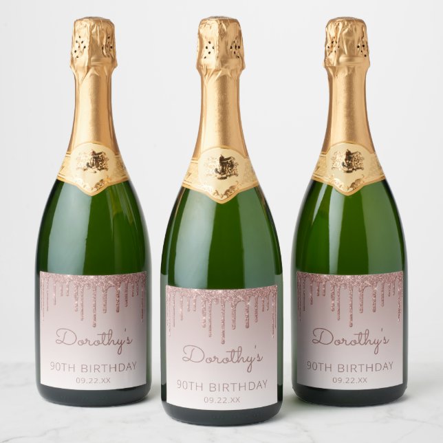 Étiquettes Pour Bouteilles De Vin Mousseux Chic Rose Gold Parties scintillant Drip 90th Birth (Bouteilles)
