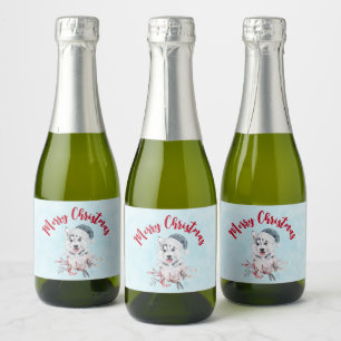 Étiquettes Pour Bouteilles De Vin Mousseux Chien de Noël Husky dans un chapeau de Père Noël