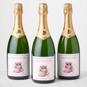 Étiquettes Pour Bouteilles De Vin Mousseux Chouette rose mignonne dans une coupe Saint-Valent