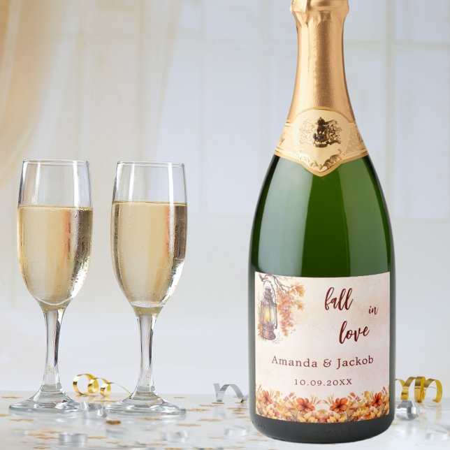 Étiquettes Pour Bouteilles De Vin Mousseux Chute amour fleurs orange feuille mariage (Créateur téléchargé)