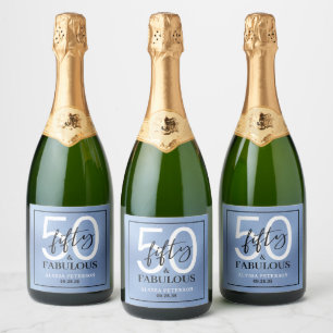 Étiquettes Pour Bouteilles De Vin Mousseux Cinquante & Fabuleux Bleu Poussiéreux Script 50e A