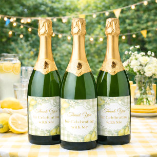Étiquettes Pour Bouteilles De Vin Mousseux Citrons gingham vert sauge Merci Anniversaire