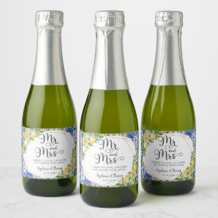 Étiquettes Pour Bouteilles De Vin Mousseux Citrons Méditerranée Mosaïque bleue Carreaux Maria