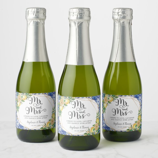 Étiquettes Pour Bouteilles De Vin Mousseux Citrons Méditerranée Mosaïque bleue Carreaux Maria (Bouteilles)