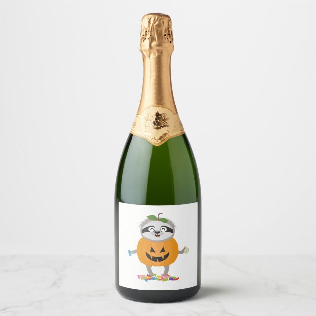 Étiquettes Pour Bouteilles De Vin Mousseux Citrouille Sloth Halloween Costume cadeau (Devant)