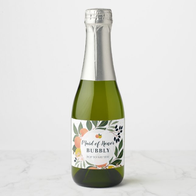 Étiquettes Pour Bouteilles De Vin Mousseux Citrus Maid d'honneur Bubbly proposition de parti  (Devant)