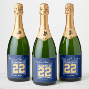 Étiquettes Pour Bouteilles De Vin Mousseux Classe de 2022 Elégant Royal Blue & Gold Graduati