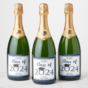 Étiquettes Pour Bouteilles De Vin Mousseux Classe de 2024 Elégant Navy Blue Graduation Party