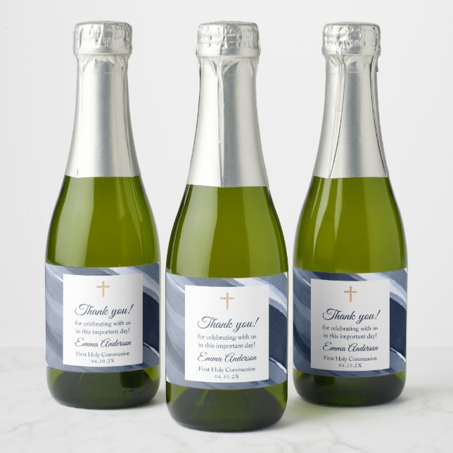 Étiquettes Pour Bouteilles De Vin Mousseux Classique bleu moderne 1ère communion, le baptême  (Bouteilles)