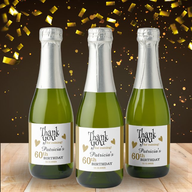 Étiquettes Pour Bouteilles De Vin Mousseux Classy Black And Gold 60th Birthday Thank You   (Créateur téléchargé)