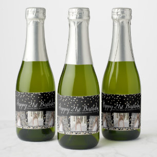 Étiquettes Pour Bouteilles De Vin Mousseux Collage de photos de confettis or argent 21e anniv