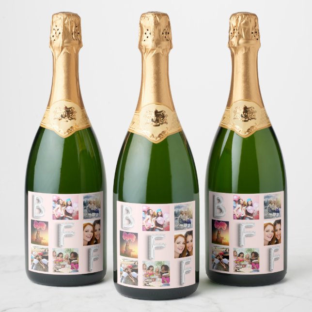 Étiquettes Pour Bouteilles De Vin Mousseux Collage photo argent rose gold ami (Bouteilles)