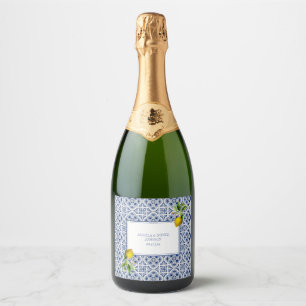 Étiquettes Pour Bouteilles De Vin Mousseux Côte d'Amalfi Citron Carreaux Bleus Italie Mariage