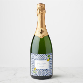 Étiquettes Pour Bouteilles De Vin Mousseux Côte d'Amalfi Citron Carreaux Bleus Italie Mariage