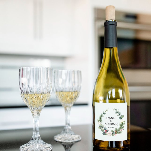 Étiquettes Pour Bouteilles De Vin Mousseux Couronne de mariage d'hiver avec branches de sapin (Créateur téléchargé)