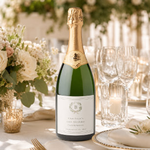 Étiquettes Pour Bouteilles De Vin Mousseux Couronne de monogramme vert ivoire pour anniversai