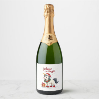 Étiquettes Pour Bouteilles De Vin Mousseux Croire en la Fête Magique Licorne portant un Noël