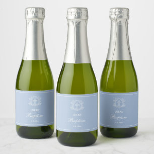 Étiquettes Pour Bouteilles De Vin Mousseux Croix florale simple sur baptême bleu clair
