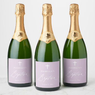 Étiquettes Pour Bouteilles De Vin Mousseux Croix violette Baptême fille étincelante Bouteille