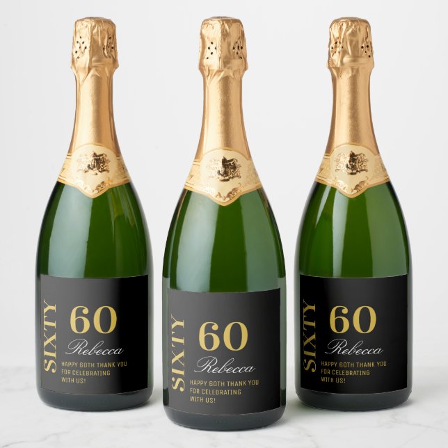 Étiquettes Pour Bouteilles De Vin Mousseux Custom Elegant Black Gold 60 Anniversaire Cocktail (Bouteilles)