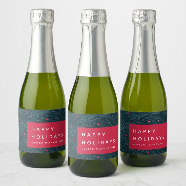 Étiquettes Pour Bouteilles De Vin Mousseux Custom Happy Holidays Spruce Berries Moderne Rouge (Bouteilles)