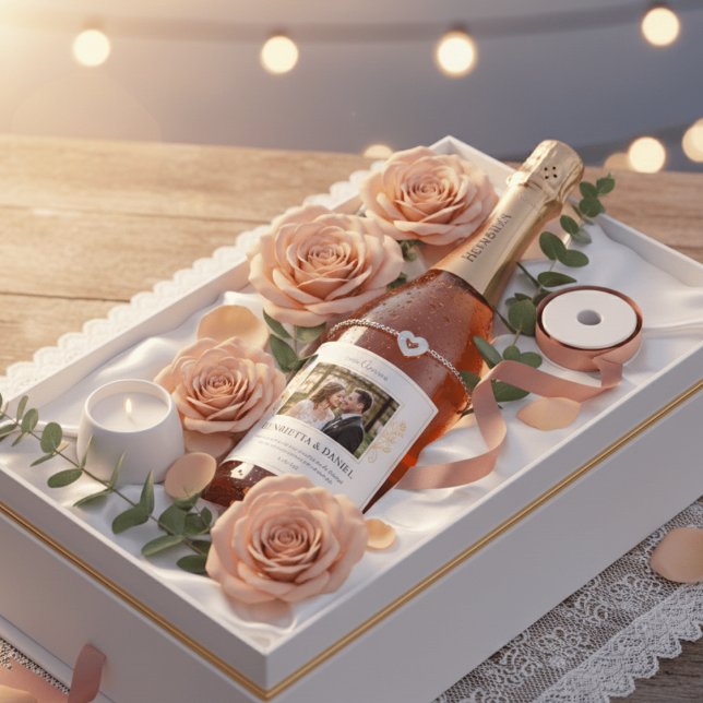 Étiquettes Pour Bouteilles De Vin Mousseux Custom Photo Wedding Wine Label - Henrietta & Dani (Créateur téléchargé)