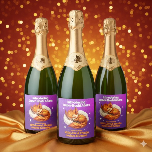 Étiquettes Pour Bouteilles De Vin Mousseux Cute Fox Asleep in Leaves Baby Shower (Cute Fox Cub Sleeping in Starry Sky Baby Shower Sparkling Wine Labels Cover Photo)