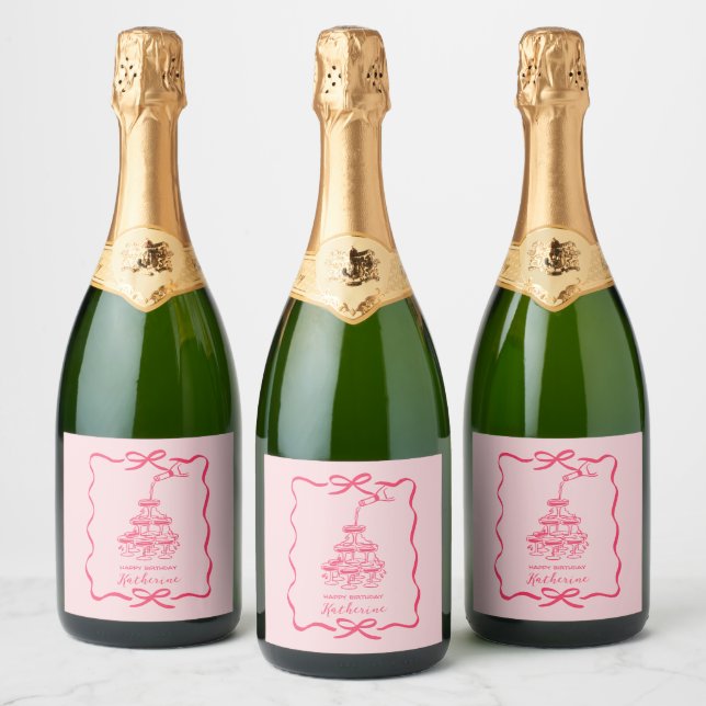 Étiquettes Pour Bouteilles De Vin Mousseux Cute Hand Drawn Pink Champagne Tower Birthday  (Bouteilles)
