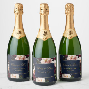 Étiquettes Pour Bouteilles De Vin Mousseux Dark Moody Burgundy Blush Navy Blue Floral Mariage