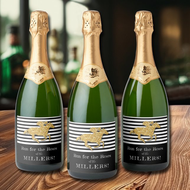 Étiquettes Pour Bouteilles De Vin Mousseux Derby Gold Racehorse sur les bandes noires (Derby Gold Racehorse on Black and White Stripes Sparkling Wine Bottle Labels)