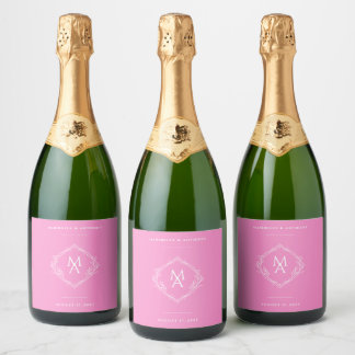 Étiquettes Pour Bouteilles De Vin Mousseux Diamant Floral Monogramme Mariage rose