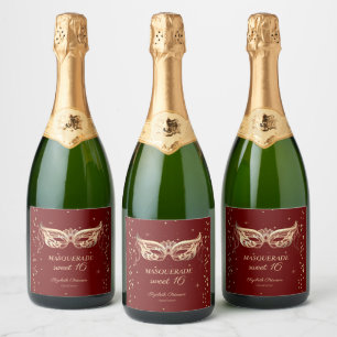 Étiquettes Pour Bouteilles De Vin Mousseux Diamants d'or mascarade Burgundy Sweet 16