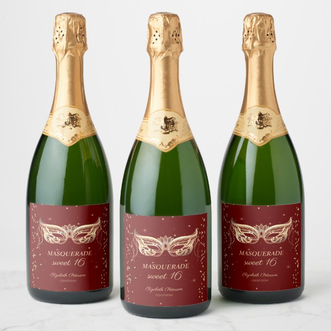 Étiquettes Pour Bouteilles De Vin Mousseux Diamants d'or mascarade Burgundy Sweet 16 (Bouteilles)